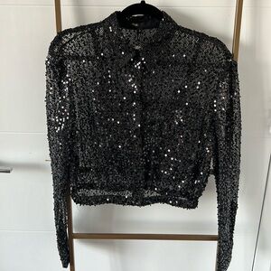 Maje black sequin top, long sleeve button front, size 2
